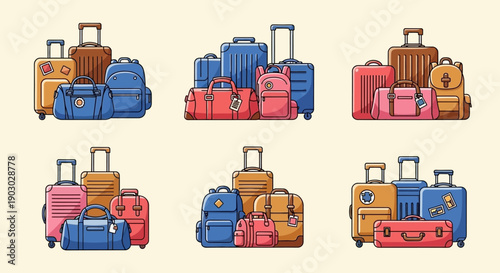 Collection of various luggage and travel bags arranged in groups, showcasing different sizes and colors for travel purposes.