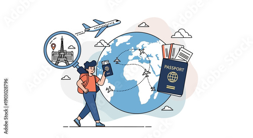 A person with a backpack holding a passport walks around the globe, planning an international trip with flights and famous landmarks.