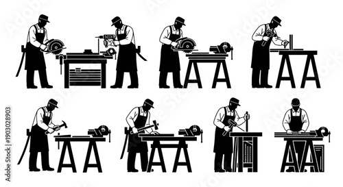 Collection of eight black and white illustrations depicting a craftsman working with various tools and materials on a workbench.