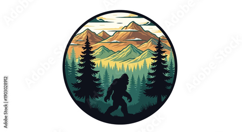 A circular graphic depicting a silhouette of Bigfoot walking through a pine forest with a backdrop of rolling mountains and a cloudy sky.