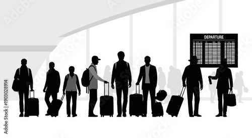 Silhouettes of travelers with luggage waiting in an airport terminal near a departure board.