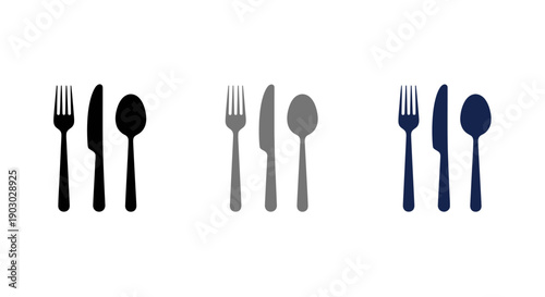 Three sets of cutlery, including forks, knives, and spoons, displayed in black, gray, and blue.