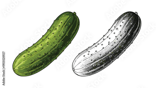 Detailed illustration of a green cucumber alongside its black and white stippled sketch showing texture and surface bumps.