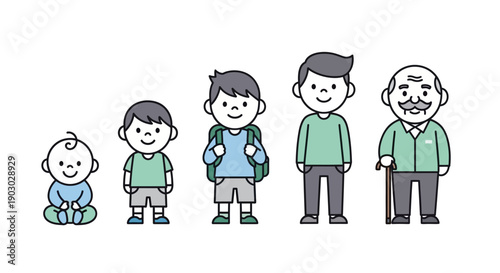 Illustration showing the stages of human life from infancy to old age.