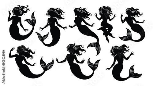Eight mermaids in various poses, illustrated in black and white Vector