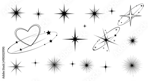 A collection of various starbursts, sparkles, and star-shaped graphic elements, including a heart with orbiting stars.