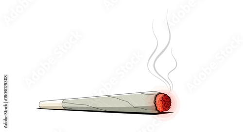 A lit marijuana joint with smoke rising from the glowing red cherry, isolated on a white background.