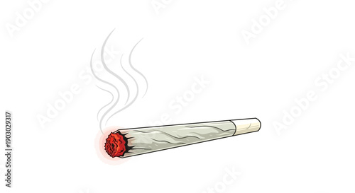 A lit marijuana joint with smoke rising from the glowing red cherry, isolated on a white background.
