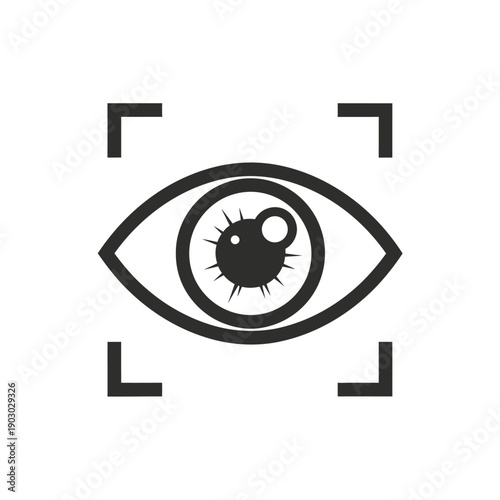 A stylized black and white icon representing an eye within a camera focus square.