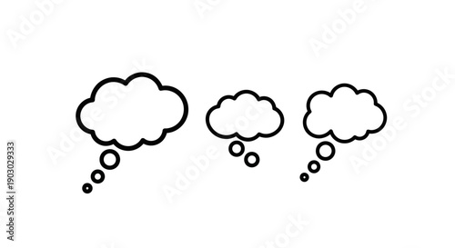 Three empty thought bubbles of varying sizes arranged horizontally on a white background.