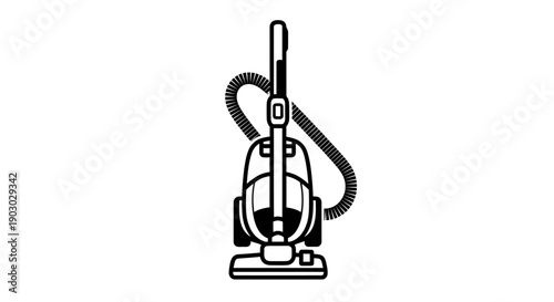 A black and white illustration of an upright vacuum cleaner with a hose attached, ready for cleaning.