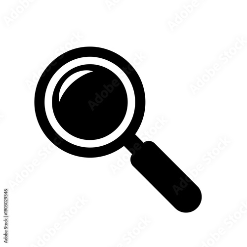 A simple black silhouette of a magnifying glass on a white background, symbolizing search and discovery.