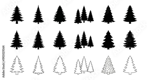 A collection of various black and white silhouette illustrations of pine trees in different sizes and arrangements.