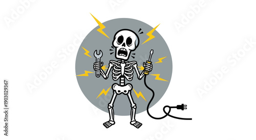 A cartoon skeleton is electrocuted while holding tools, with lightning bolts emanating from its body.