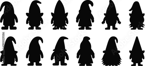 Gnome silhouette collection, cute fantasy dwarf characters with hats and beards, fairy tale cartoon figures illustration isolated set