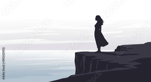 A solitary woman in a long dress stands on a cliff overlooking a vast, misty expanse of water.