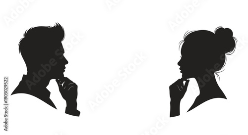 Silhouettes of a man and a woman in profile, both with their hands on their chins, appearing to be in deep thought or contemplation.