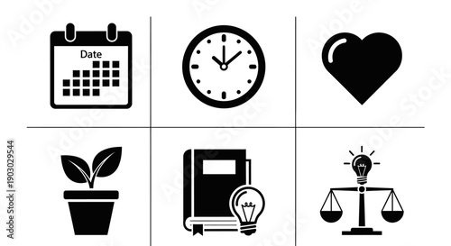 A collection of six black and white icons representing concepts like time, planning, love, growth, knowledge, and justice.