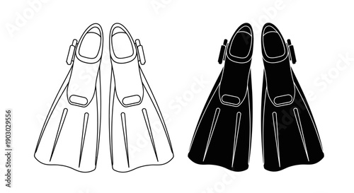 Two pairs of diving fins, one outlined in white and the other solid black, displayed side-by-side.