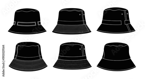 Six black bucket hats shown from different angles, illustrating various designs and styles of headwear.