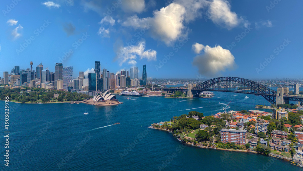 Obraz premium 5 February 2026 Aerial View of Sydney Harbour Circular Quay cruise Liner on a nice Summer day beautiful Sky in Sydney NSW Australia