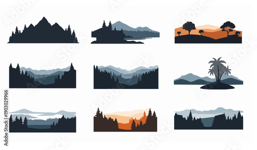 Landscape silhouette set with hills and tree lines flat vector scenes isolated on white background