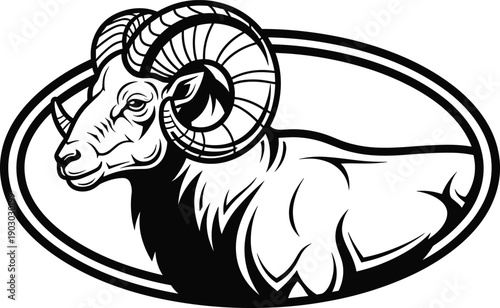 Detailed black and white ram head illustration with curved horns in oval frame, bold vector wildlife logo design graphic emblem