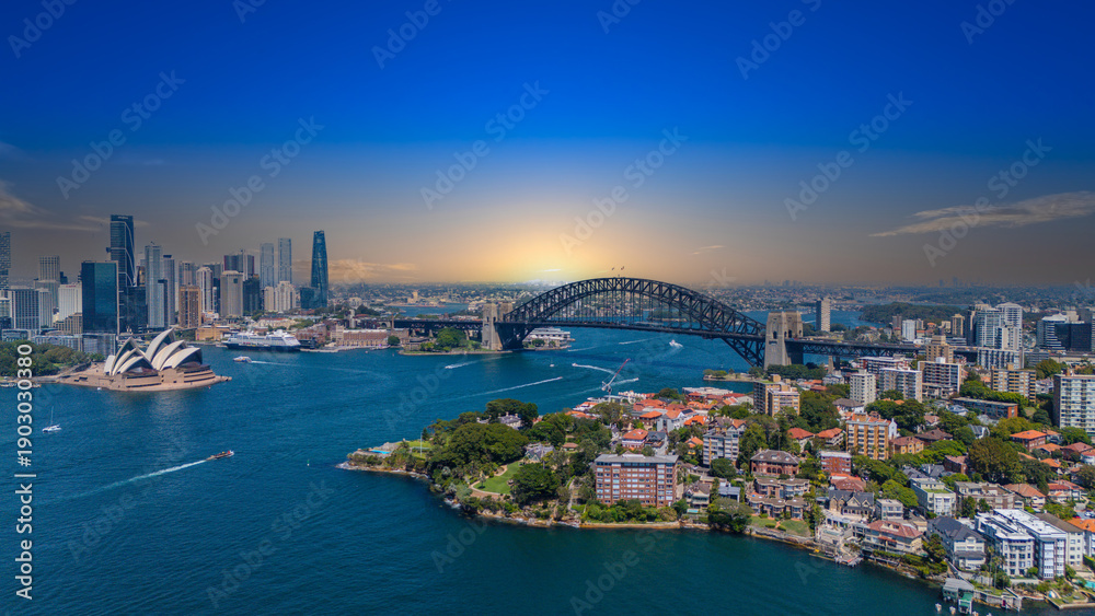 Fototapeta premium 5 February 2026 Aerial View of Sydney Harbour Circular Quay cruise Liner on a nice Summer day beautiful Sky in Sydney NSW Australia