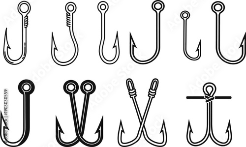 Diverse Assortment of Fishing Hooks Vector Illustration for Angling Sports and Recreational Outdoor Activities