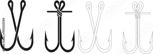 Vector illustration depicting a collection of crossed fishing hooks tied together, forming an iconic emblem for angling and sea adventures