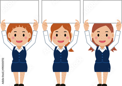 ボードを掲げるネイビー事務服の若い女性。その2