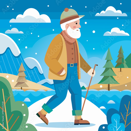 Elderly man hiking in winter nature landscape flat vector illustration