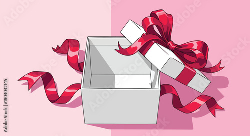 Open Gift Box Illustration with Red Bow and Flowing Ribbons on Pink