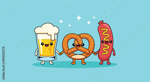 Cute Beer Pretzel Sausage Friends Cartoon Illustration.