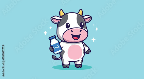 Cute Happy Cow Holding Milk Bottle Cartoon vector illustration.