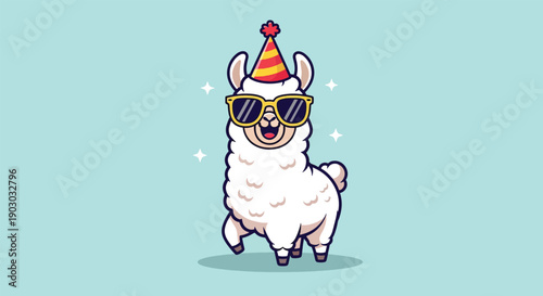 Cute Llama Wearing Sunglasses and Party Hat Illustration.