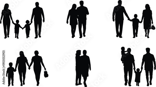 Collection of six black family silhouettes depicting adults and children in various poses, symbolizing unity, love, care, and companionship for design, illustration, and relationship concepts.
