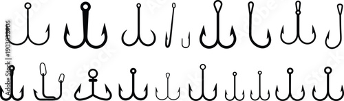 Collection of diverse fishing hook designs showcasing single, double, and treble variations with barbs, loops, and eyelets for anglers, fishing gear, and outdoor equipment concepts.