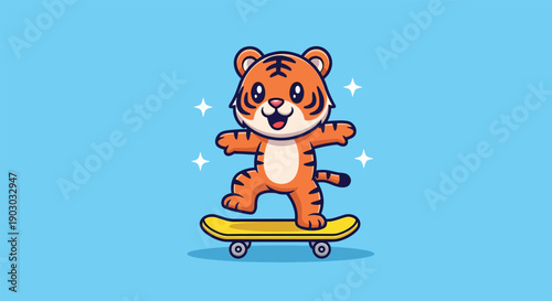 Cute Tiger Playing Skateboard Cartoon Vector Illustration.