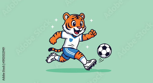 Cute Tiger Mascot Playing Soccer with Ball.