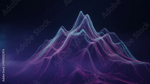 Abstract digital mountain range with glowing neon pink and blue light lines