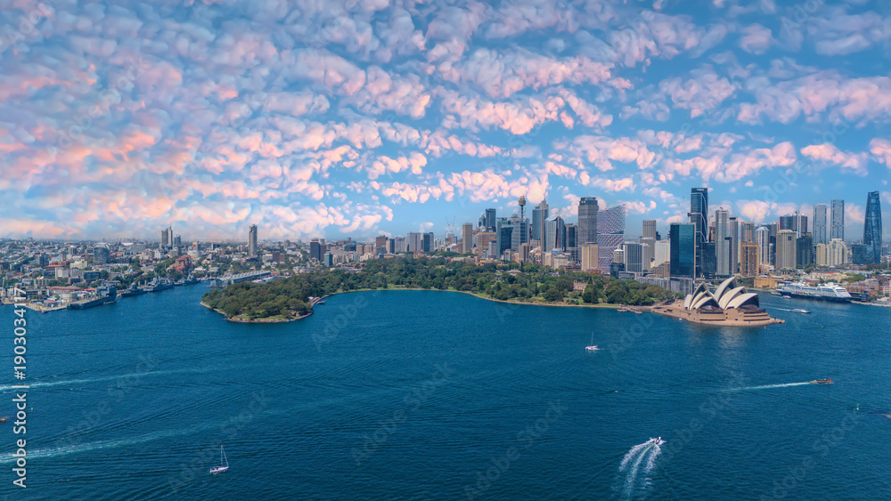 Naklejka premium 5 February 2026 Aerial View of Sydney Harbour Circular Quay cruise Liner on a nice Summer day beautiful Sky in Sydney NSW Australia