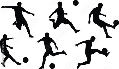 Silhouette set of soccer players kicking and controlling ball in different action poses on white background, football sport concept for training and competition.