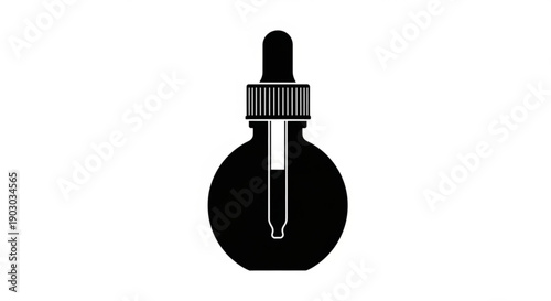 A black and white illustration of a dropper bottle with liquid, viewed from the front