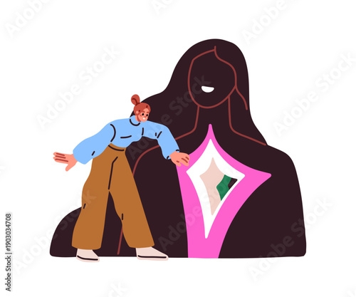 Open inner world, psychology concept. Woman friend exploring friend personality, identity. Psychological discovery, studying. Person layers, soul. Flat vector illustration isolated on white background