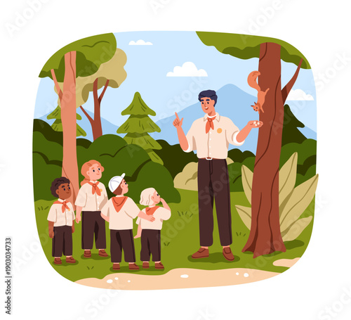 Teacher and scout club, little kids group during outdoor education. Children ...