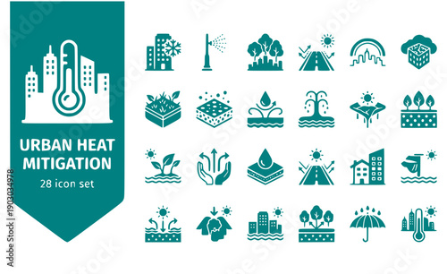 Urban Heat Mitigation Cooling-Center Misting-Station Tree-Canopy Reflective-Pavement Heat-Dome Climate-Adaptation Vector Icon Set - Heat Relief