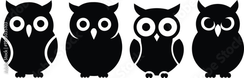 Set of cute cartoon black silhouettes featuring black and white cats and a wise owl couple on a tree branch with hearts as a funny wildlife animal vector illustration