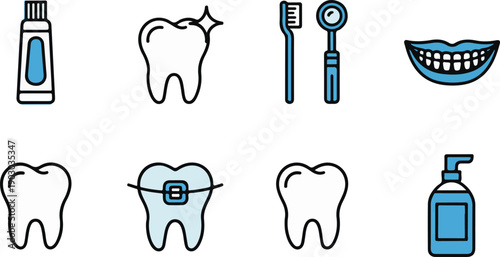 Dental care vector icons: toothpaste, tooth, braces, toothbrush, mouthwash, dentist tools, and hygiene. Isolated  white background