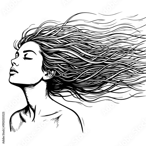 Woman's hair flows in the wind with elegance and freedom